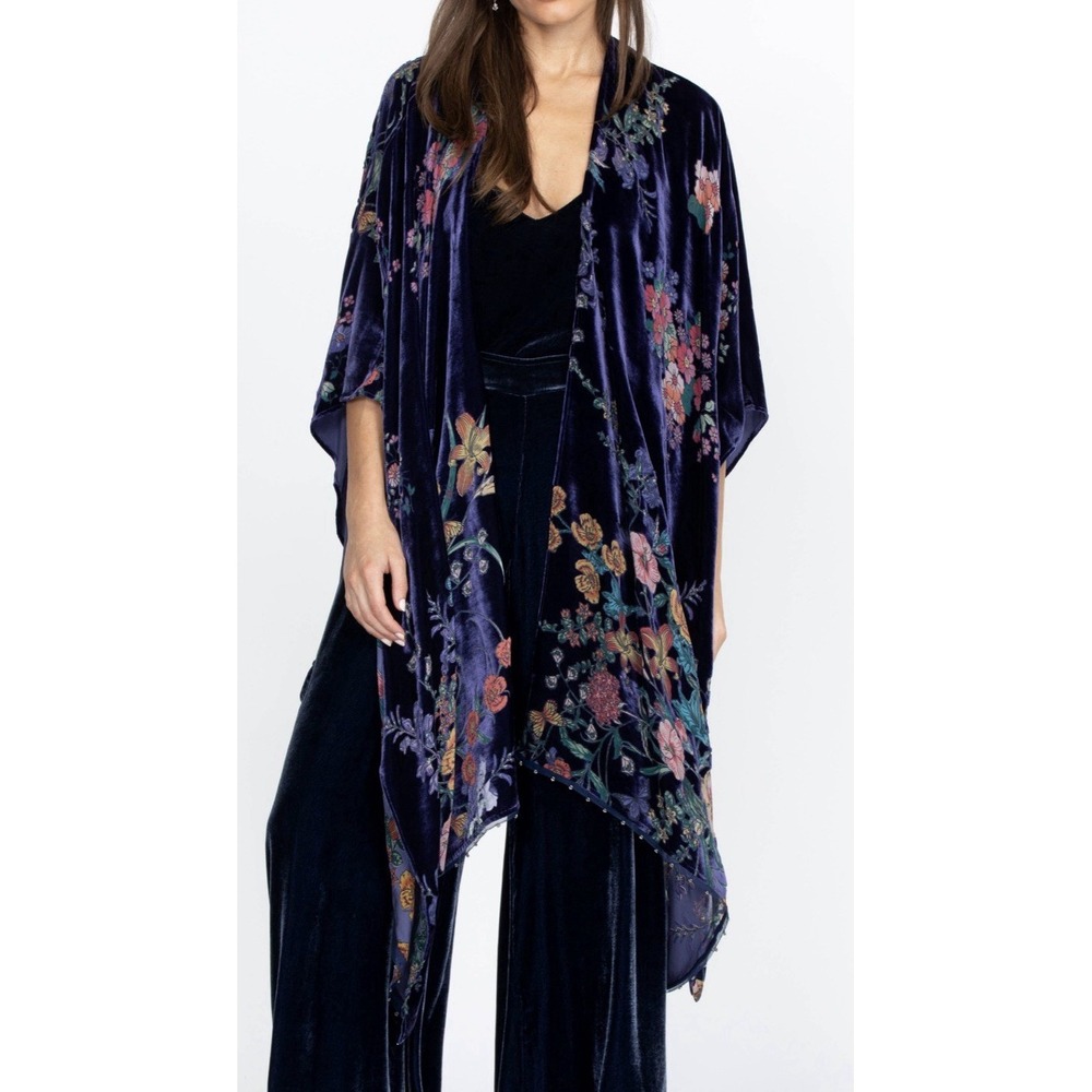 Johnny Was BOUQUET BURNOUT VELVET SHAWL Silk Blend Blue Floral